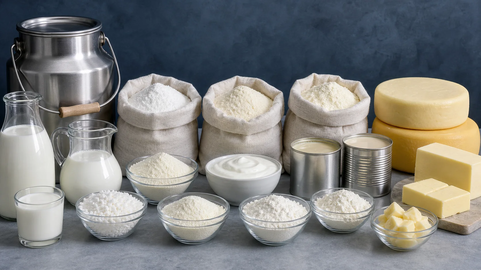 Leche, crema, polvos, proteínas, mantequilla, quesos y fermentados organizados para abastecimiento