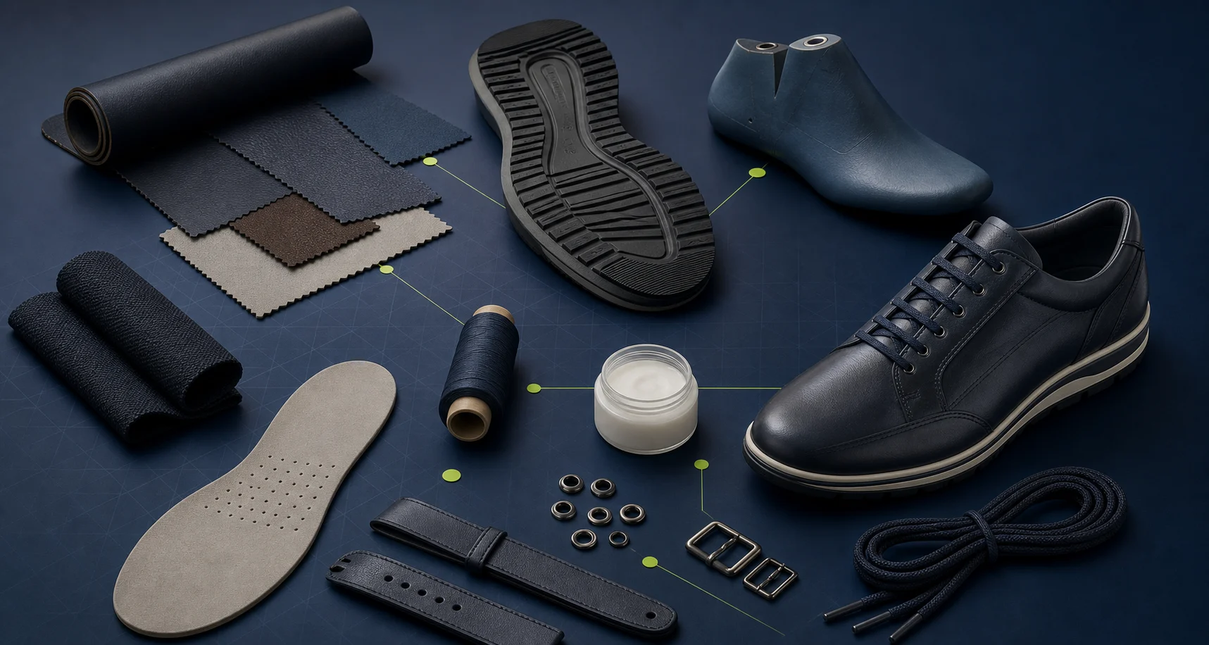 Materiales, componentes y un zapato terminado organizados como cadena de suministro