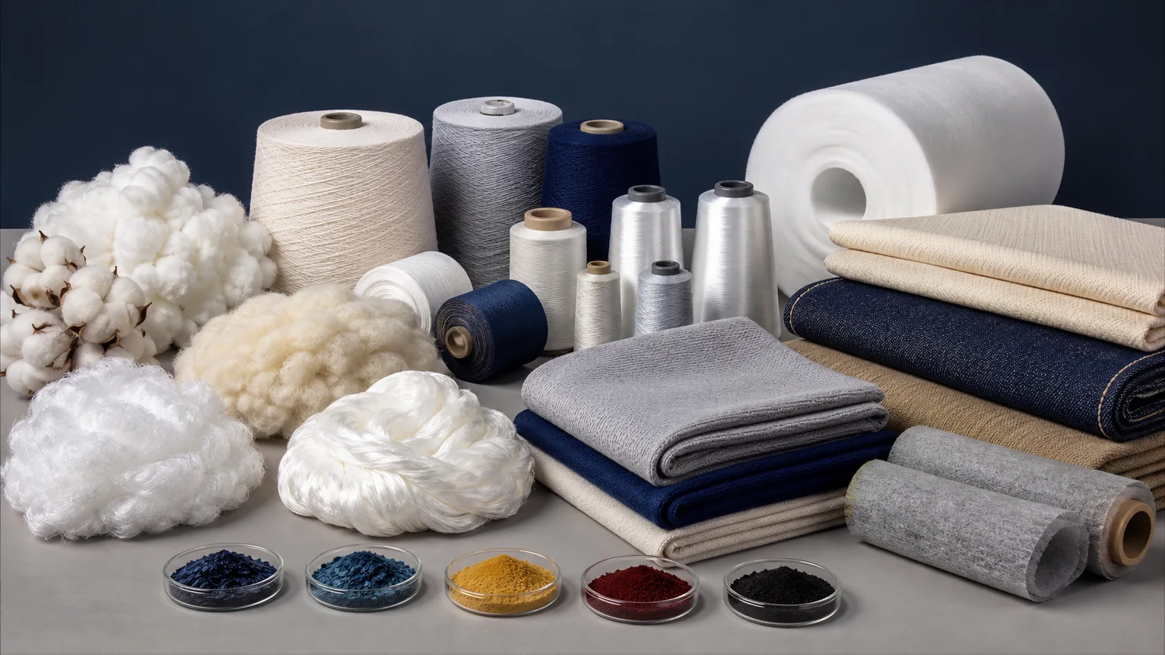 Fibras, conos de hilo, filamentos, telas y materiales textiles organizados para abastecimiento